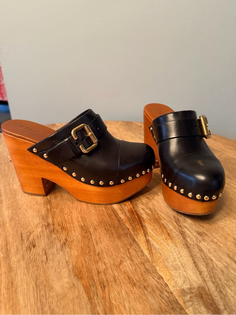 Chloe Black Leather Studded Wood-Platform Clogs - Picture 2 of 9